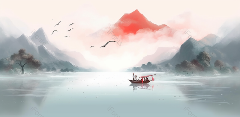 鸟儿飞过江面中国风意境山水画背景,插画/手绘图,插画/手绘图库,插画/手绘图下载,插画/手绘